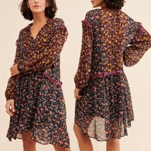 Anthropologie Sheer Floral Print Helene Tunic Dress Black Multi Womens Sze Small